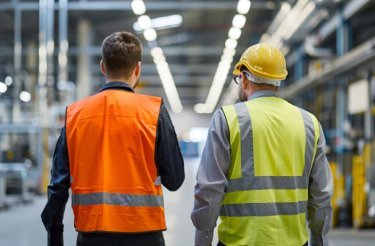 Two men seen from behind discussing a Lean audit